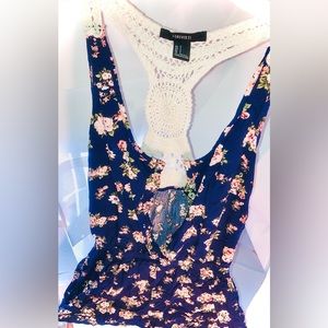 Forever 21 floral navy blue with pretty flowers  and racer back crochet romper